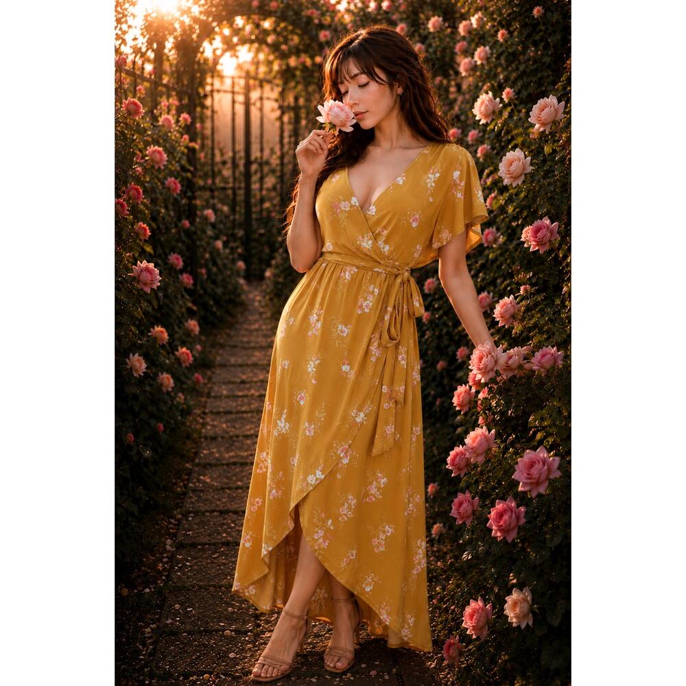 New Golden Hour Garden floral flowy flirty flutter slv wrap maxi dress